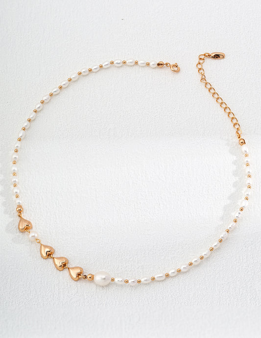 Freshwater Pearl Heart Necklace, Sterling Silver 925, Feminine, Gold