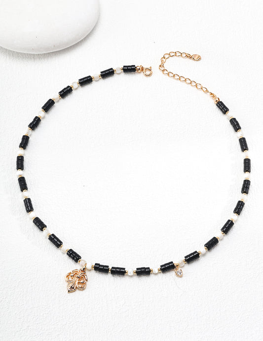 Silver 925 Black Agate & Shell Necklace with Zirconia (D0515-2)