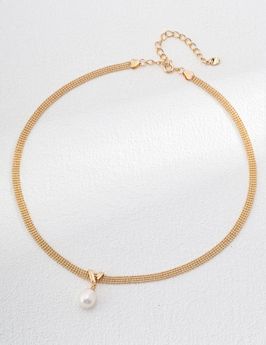 S925 Freshwater Pearl Necklace, Vintage Gold