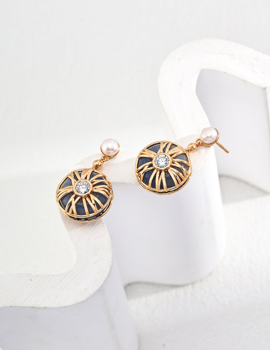 SV925 Pearl-Style Zirconia Earrings Vintage Gold E01190-2