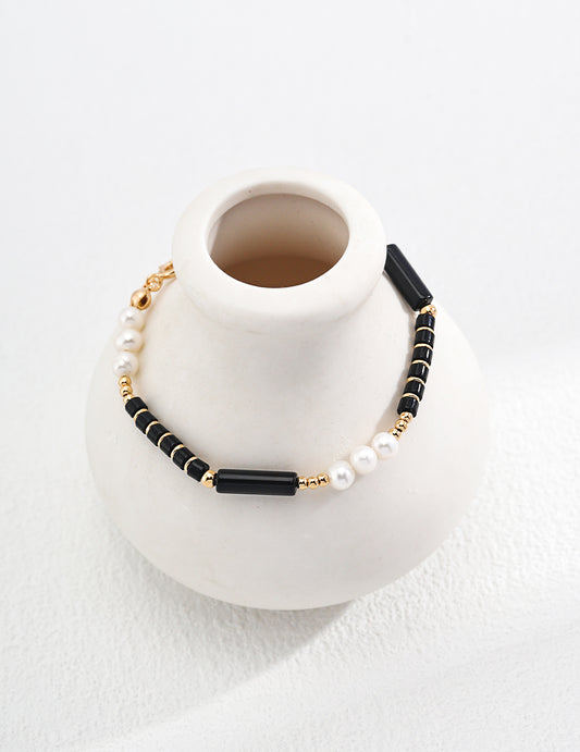 S925 Freshwater Pearl Black Agate Bracelet Gold