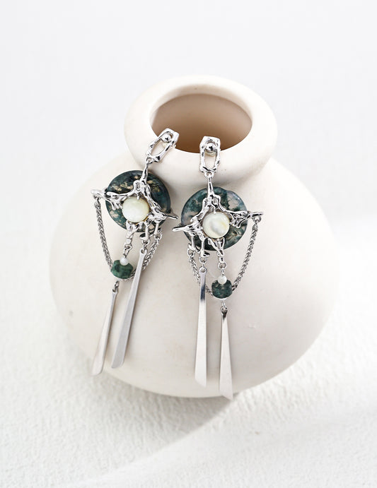 シルバー925 苔瑪瑙×白蝶貝 オリエンタルピアス