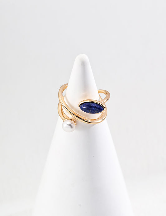 S925 Simple Freshwater Pearl Lapis Lazuli Natural Stone Ring