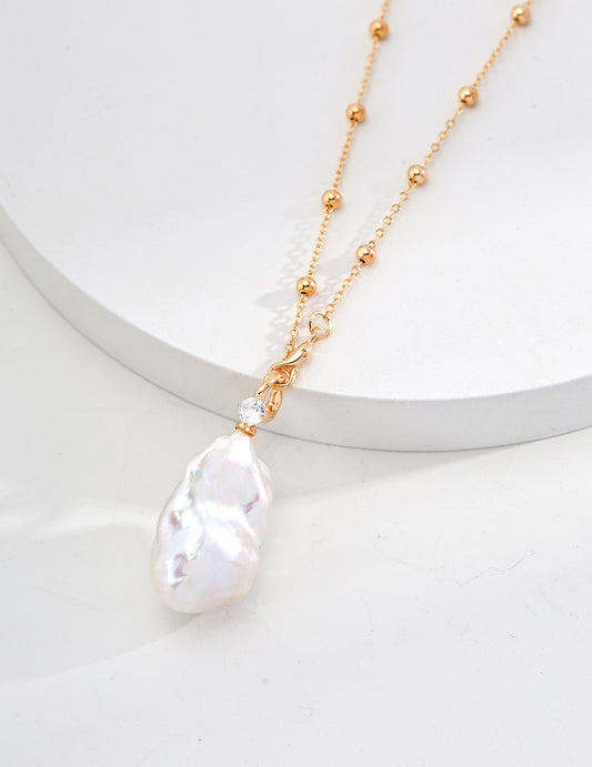 S925 Freshwater Pearl & Zirconia Necklace Vintage Gold