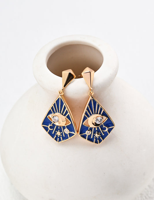 S925 Blue Enamel and Zirconia Earrings, Antique Style Gold