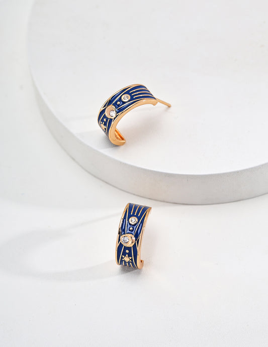 S925 Blue Enamel Zirconia Earrings Vintage Gold