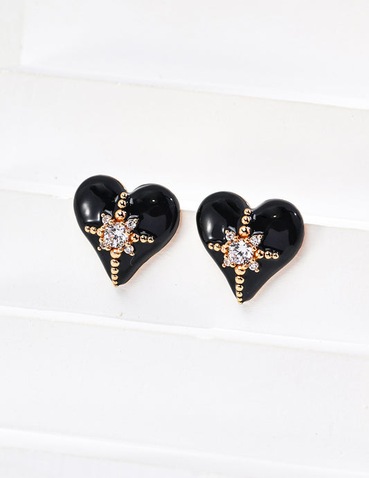 S925 Heart Motif Enamel x Zirconia Gold Plated Earrings