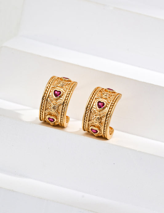 Sterling Silver 925 Vintage Heart Zirconia Earrings Pink Stone