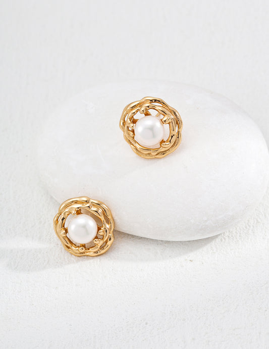 S925 Vintage-Style Freshwater Pearl Textured Earrings Hand-Carved Design E01170