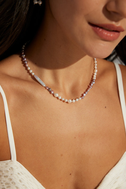 S925 Freshwater Pearl Necklace, White Gold, Natural