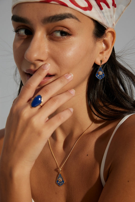 S925 Blue Enamel and Zirconia Earrings, Antique Style Gold
