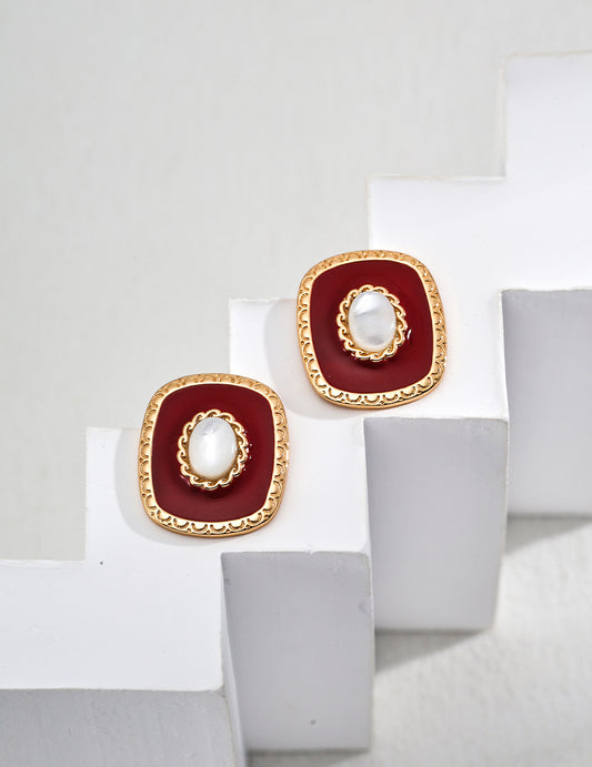 S925 White Shell Red Enamel Earrings Elegant and Refined
