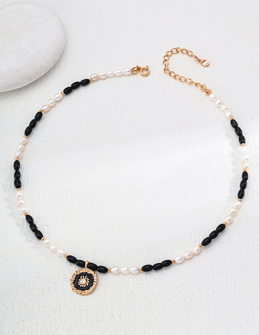 S925 Silver Freshwater Pearl & Black Onyx Delicate Necklace