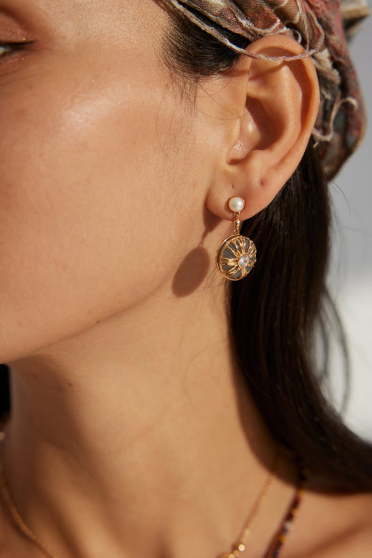 SV925 Pearl-Style Zirconia Earrings Vintage Gold E01190-2
