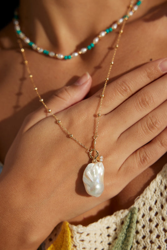 S925 Freshwater Pearl & Zirconia Necklace Vintage Gold