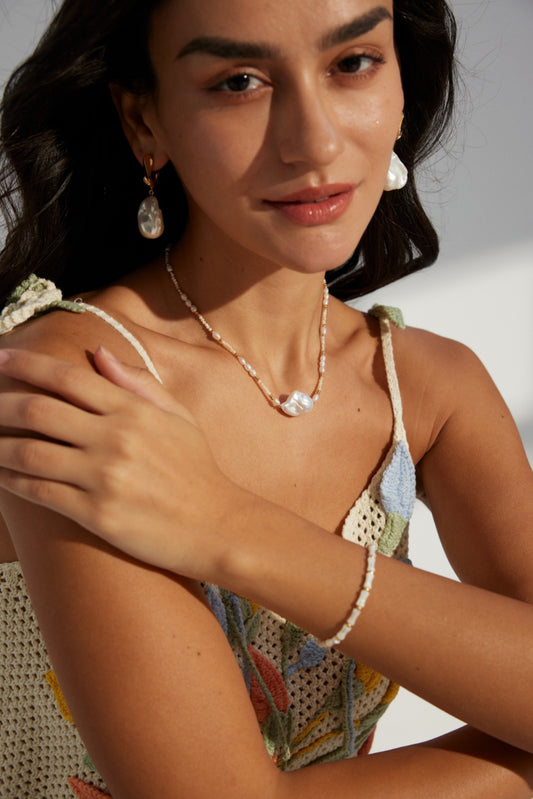 Sterling Silver 925 Natural Shell & Freshwater Pearl Simple Necklace
