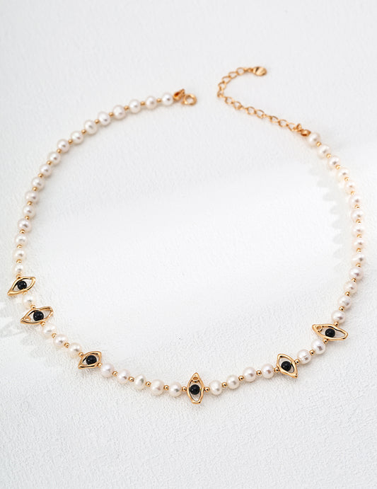 S925 Freshwater Pearl Black Agate Gold Plated Necklace