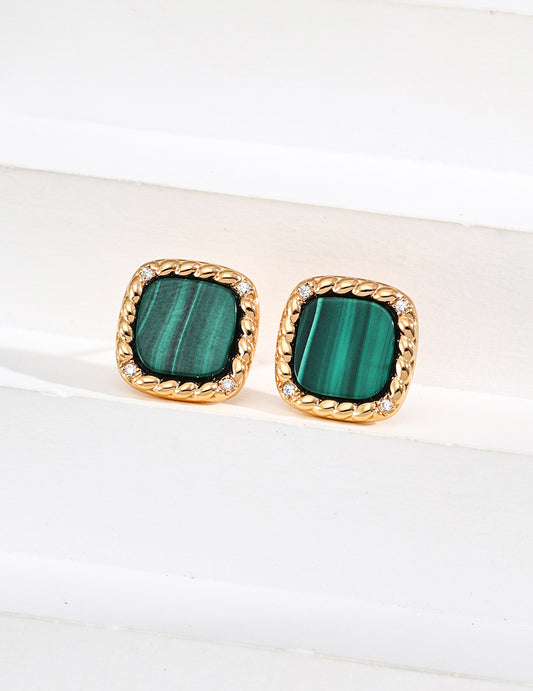 Sterling Silver 925 Natural Malachite Zirconia Simple Earrings