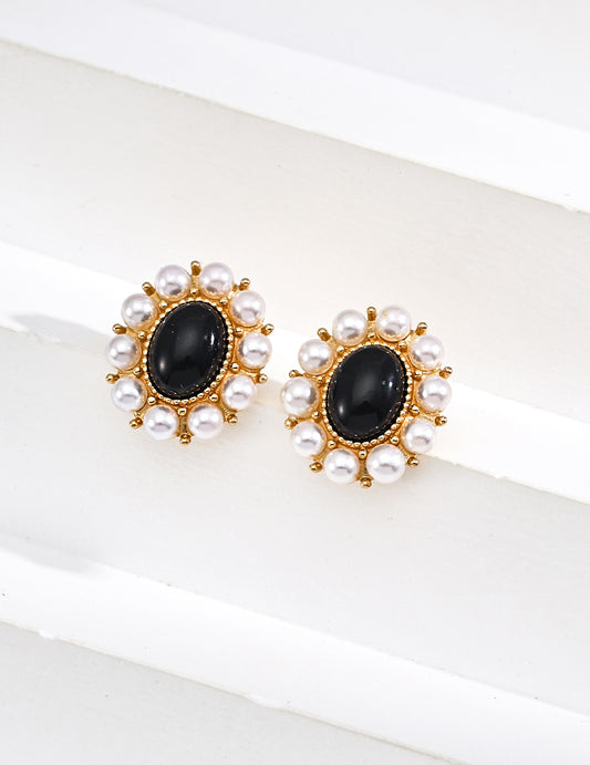 S925 ブラックオニキス×パール調 デザインピアス 上品