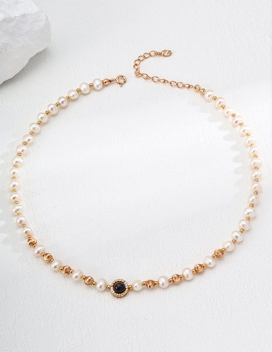 S925 Freshwater Pearl, Tiger's Eye, and Zirconia Necklace, Glamorous, D0590-2
