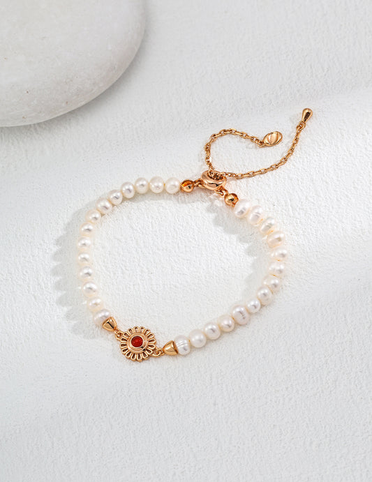 S925 Silver Freshwater Pearl, Black & Red Agate Bracelet