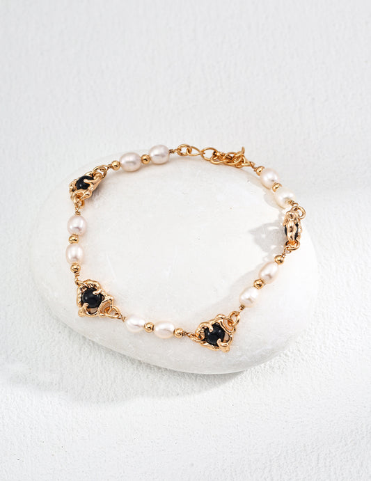 S925 Freshwater Pearl & Black Onyx Vintage-Style Bracelet