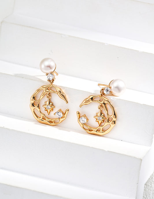 S925 Sterling Silver Star & Moon Motif Freshwater Pearl Zirconia Vintage-Style Earrings