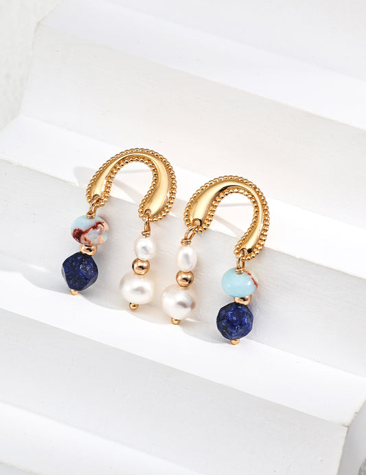S925 淡水パール×ラピスラズリ×天然石 シンプルピアス