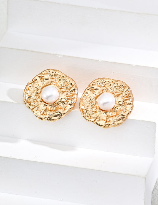 S925 Vintage-Style Freshwater Pearl Textured Earrings, Handcrafted Feel