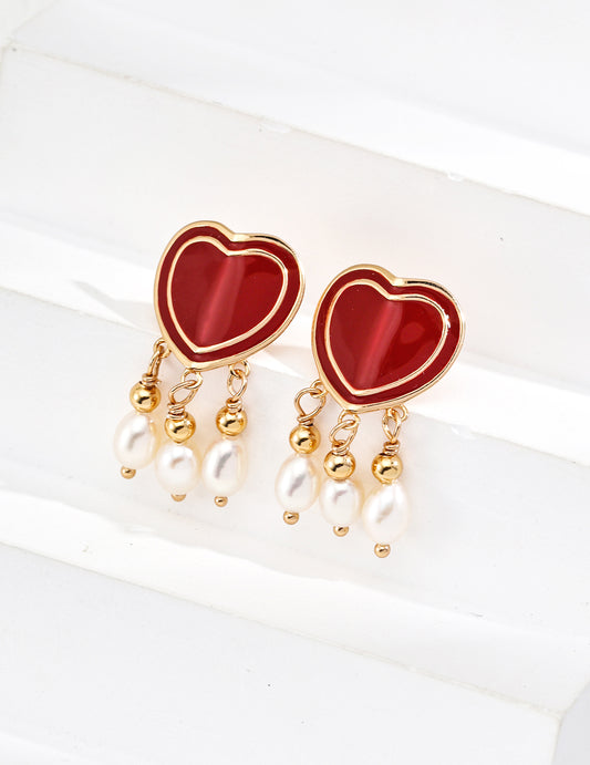 Sterling Silver 925 Freshwater Pearl Heart Enamel Pierced Earrings Gold E01285-2