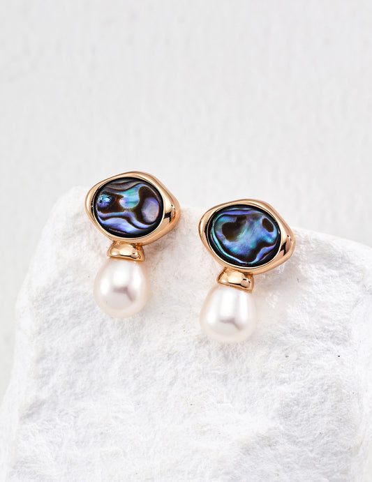 S925 アバロンシェル×淡水パール ピアス 扇形デザイン アンティーク