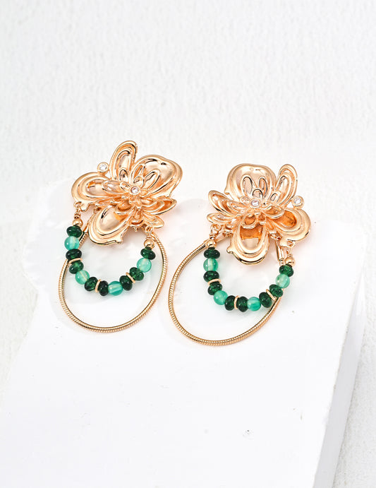 S925 Silver Green Stone Agate Zirconia Earrings Retro