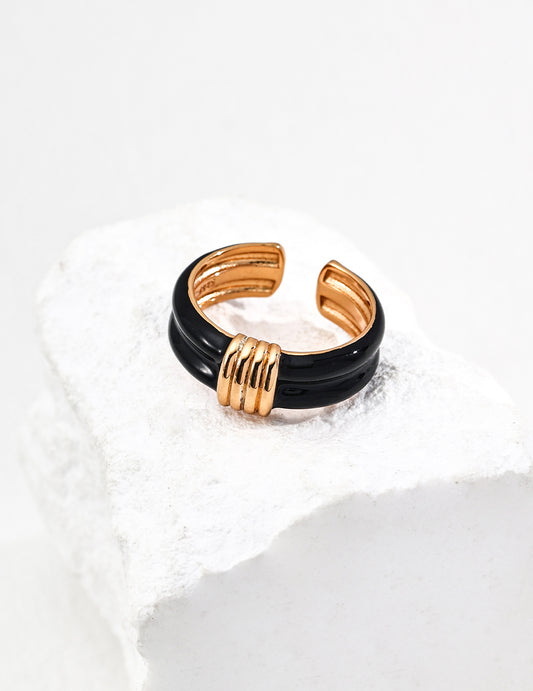 S925 Silver Black Enamel Vintage-Style Ring