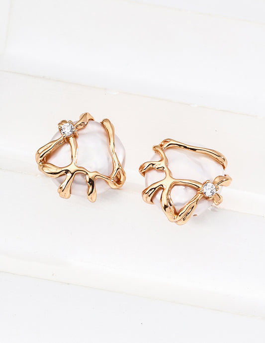 S925 Water Motif Freshwater Pearl Earrings Lucky Item Gold