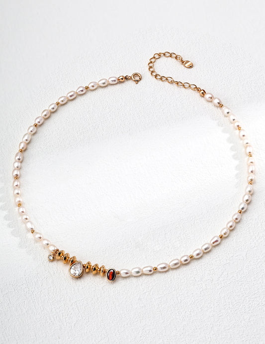 S925 Freshwater Pearl x Cubic Zirconia Necklace, Antique Style, Gold