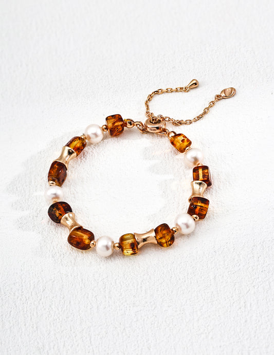 S925 Vintage Freshwater Pearl Amber Flower Bracelet SL0190-2