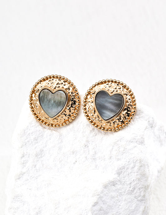 S925 Mother-of-Pearl Heart Motif Elegant Earrings