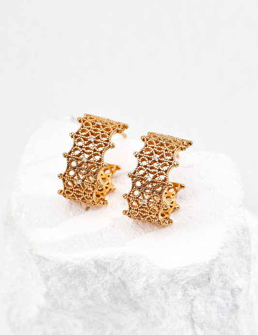 S925 Antique Style Zirconia Design Pierced Earrings Gold