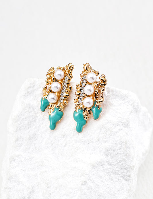 S925 Imitation Pearl x Cubic Zirconia Enamel Embellished Elegant Pierced Earrings