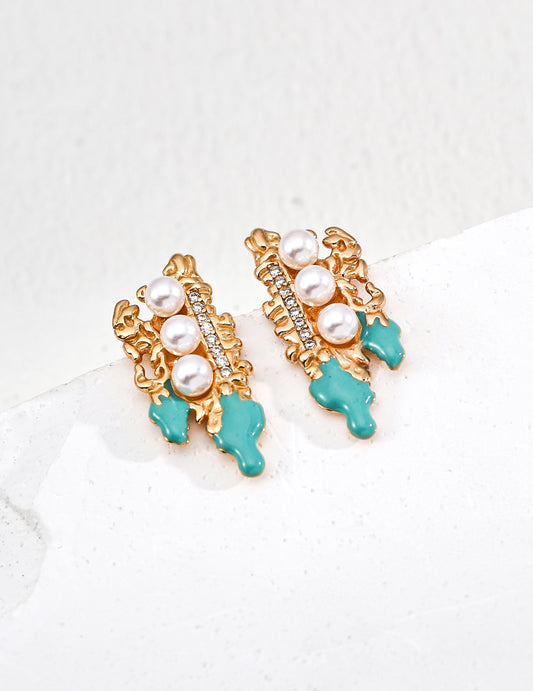 S925 Imitation Pearl x Cubic Zirconia Enamel Embellished Elegant Pierced Earrings