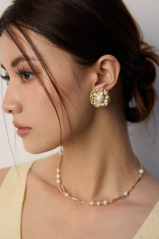 S925 Vintage-Style Freshwater Pearl Textured Earrings, Handcrafted Feel