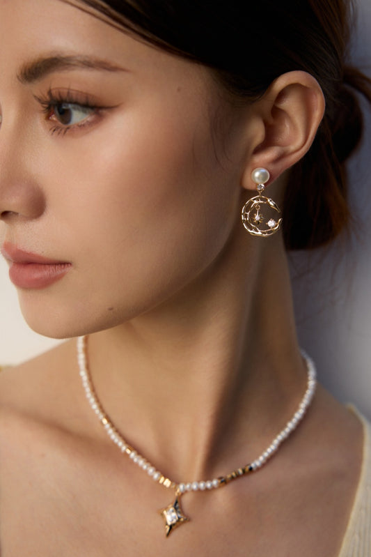 S925 Sterling Silver Star & Moon Motif Freshwater Pearl Zirconia Vintage-Style Earrings