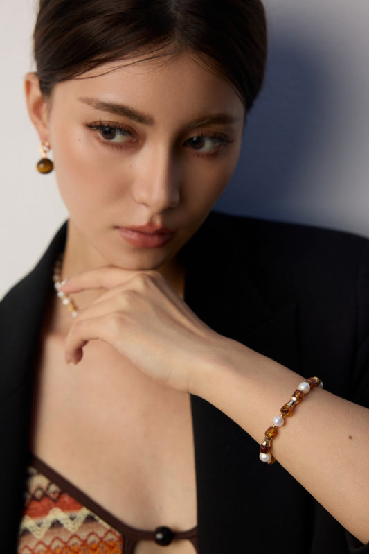 S925 Vintage Freshwater Pearl Amber Flower Bracelet SL0190-2