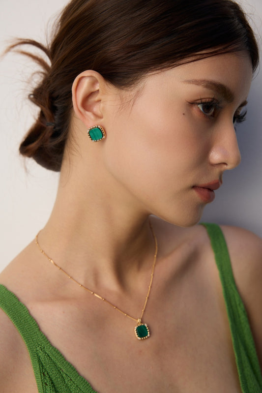 Sterling Silver 925 Natural Malachite Zirconia Simple Earrings