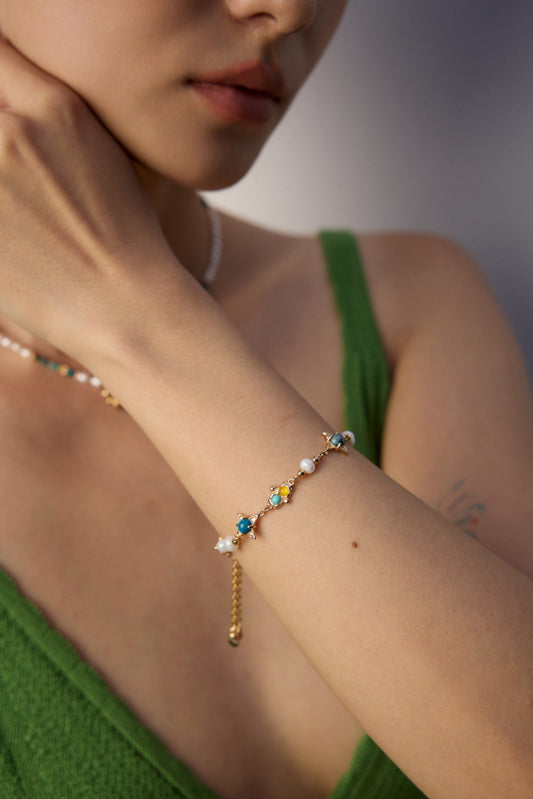 S925 Vintage Freshwater Pearl Turquoise Chalcedony Bracelet