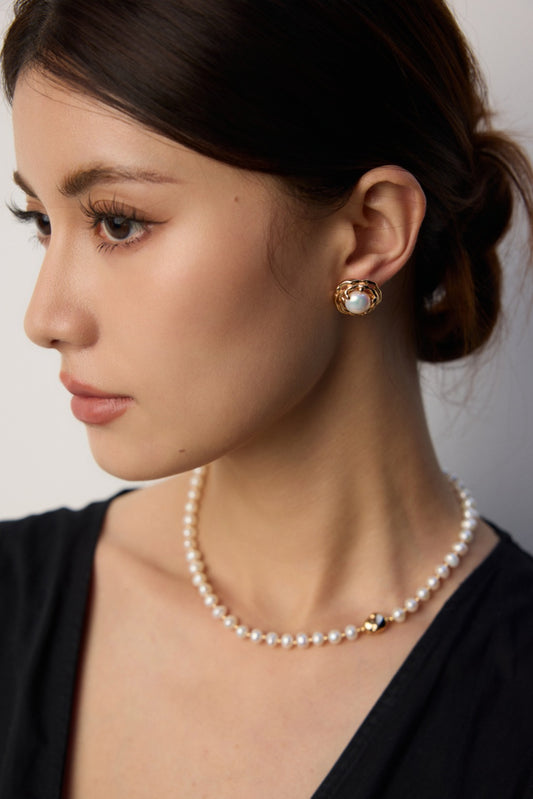 S925 Vintage-Style Freshwater Pearl Textured Earrings Hand-Carved Design E01170