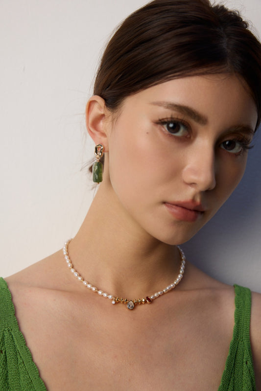S925 Freshwater Pearl x Cubic Zirconia Necklace, Antique Style, Gold