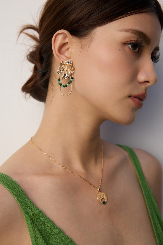 S925 Silver Green Stone Agate Zirconia Earrings Retro