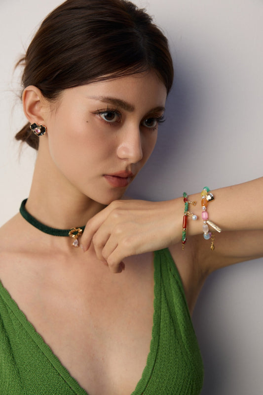 S925 Freshwater Pearl Cat's Eye Color Bead Bracelet