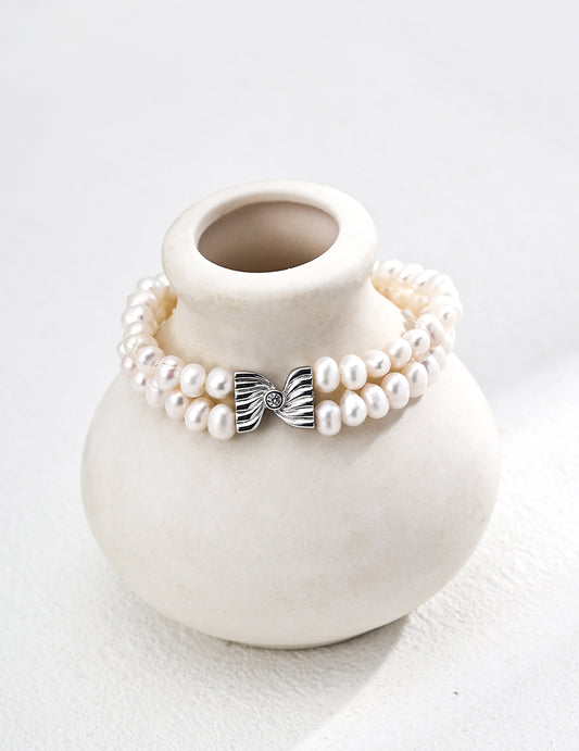 Silver 925 Freshwater Pearl x Cubic Zirconia Design Bracelet